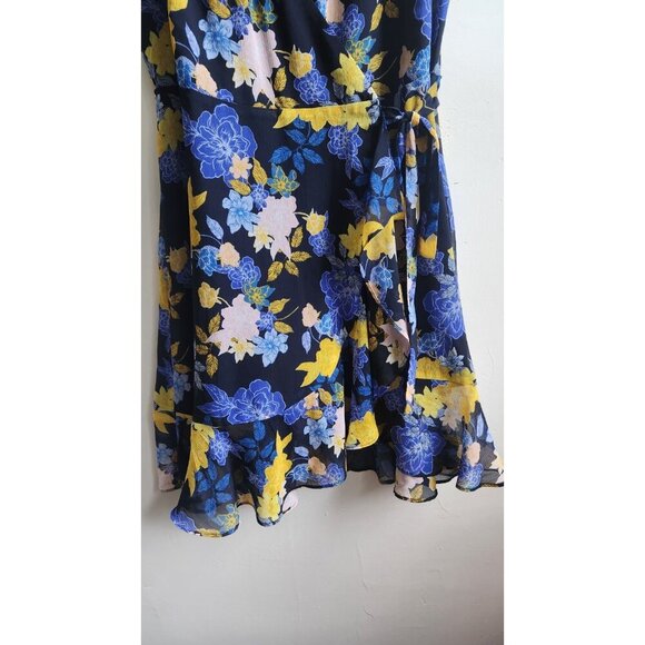Banana Republic mini dress women's 4 blue yellow floral ruffle wrap V-neck flowy - Picture 4 of 9